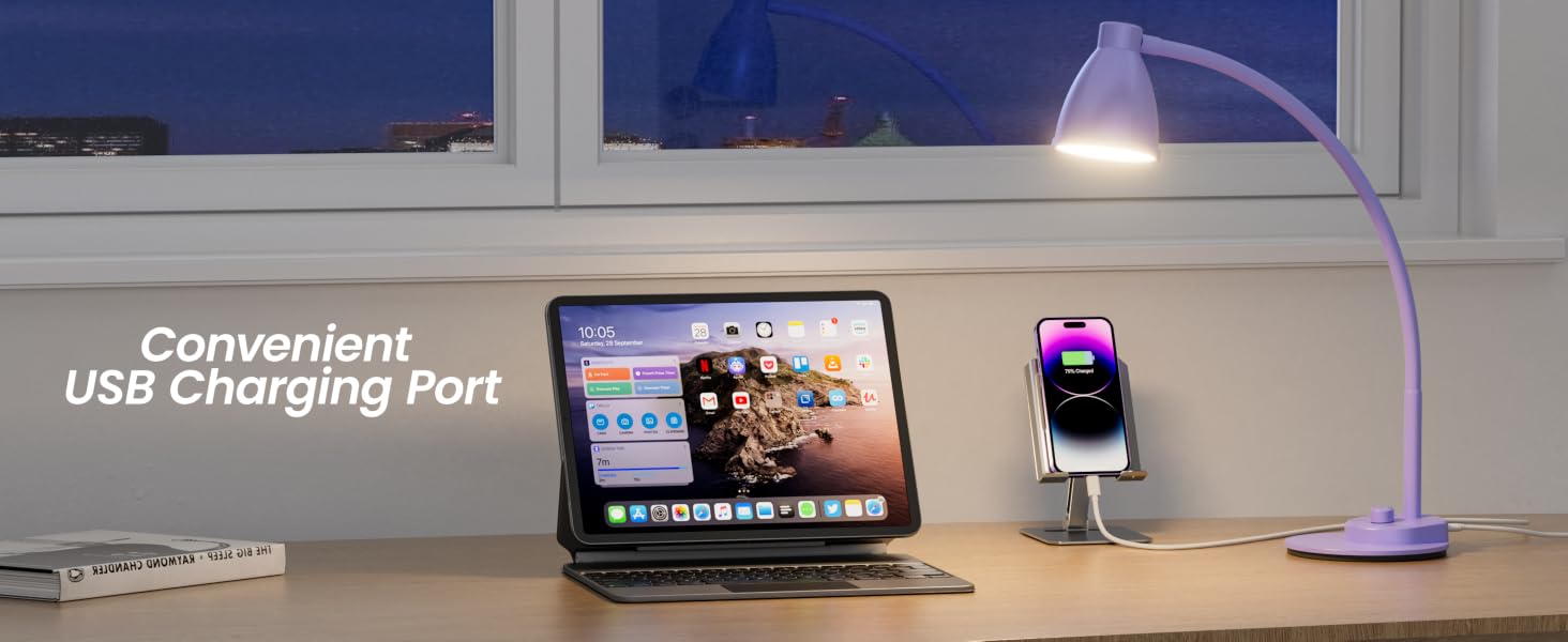 LED Desk Lamp with USB Charging Port Dimmable Reading Lamp Task Table Light Office Dorm Bedside