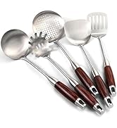 IQCWOOD Stainless Steel Cooking Utensils Set with Wooden Handle, 5-Piece Heat Resistant Kitchen U...