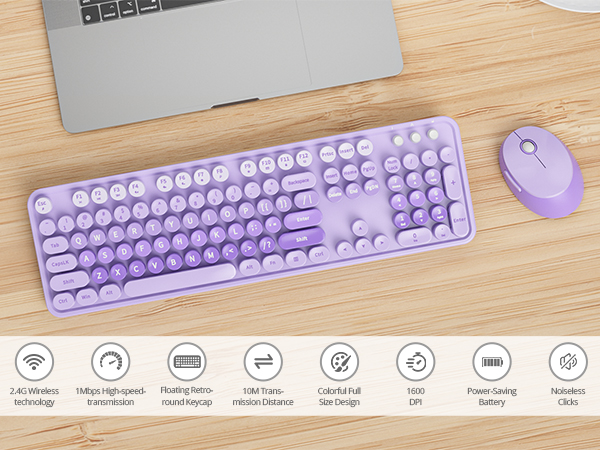 purple keyboard and mouse wireless cute colorful retro typewriter full size keyboard