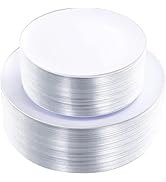 KIRE 100PCS Silver Plastic Plates - Heavy Duty White Disposable Plates with Silver Rim for Party/...