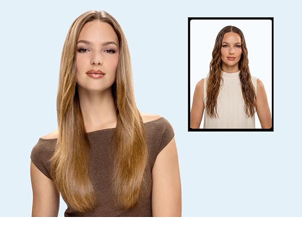 Blonde before-and-after photos show frizzy hair transformed into sleek, shiny hair.