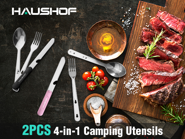 HAUSHOF 2PCS 4-in-1 Camping Utensils