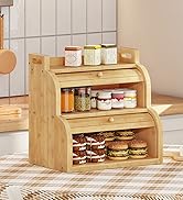 HOOBRO Bread Box, Bamboo Bread Box for Kitchen Countertop, 2-Tier Roll-Top Bread Bin, Food Storag...