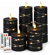 Homemory Black Flameless Candles with Fairy Lights, Remote Timer, Set of 3 | Halloween pillar can...