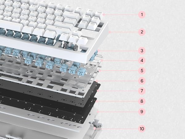 Exploded view of a computer keyboard, showing layers from top to bottom: keycaps, switches, LED backlight, switch plate, PCB, and case components. Each layer is numbered from 1 to 10.