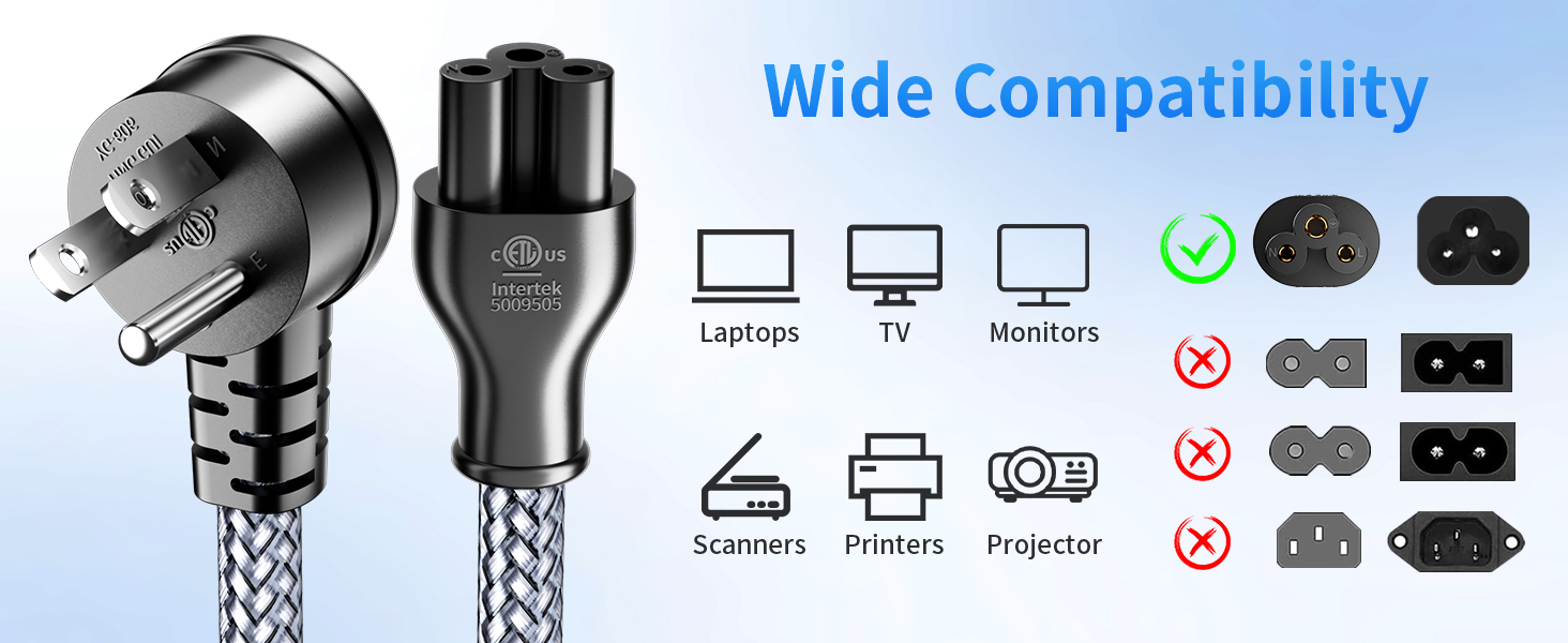 3 Prong Power Cord Replacement Power Cable for Laptops