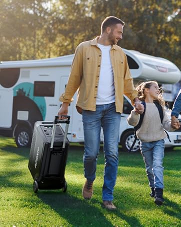 Family of three standing on grass near a white recreational vehicle. Parents hold luggage while child stands between them in sunny outdoor setting.