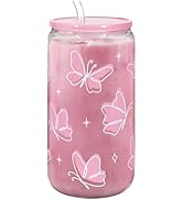 Butterfly 16 Oz Can Glass Tumbler with Acrylic Lid and Straw - Iced Coffee Cups for Women, Aesthe...
