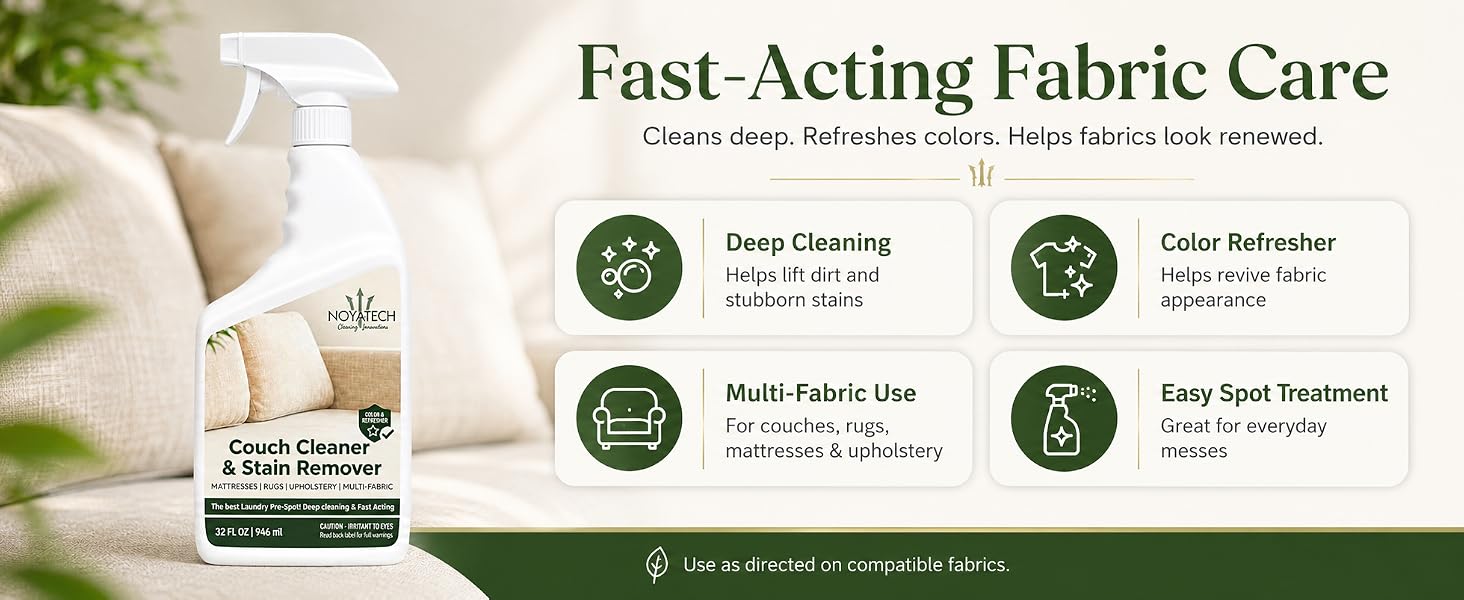 Couch cleaner feature grid – deep cleaning, color refresher, multi-fabric use, easy spot treatment