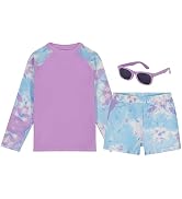 Girls Swim Set with Long Sleeve Rash Guard, Swim Shorts, Sunglasses (Pink - Beach Life or Purple ...