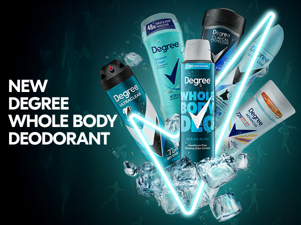 Full range of Degree deodorant products mirroring the shape of the Degree logo and immersed in ice.