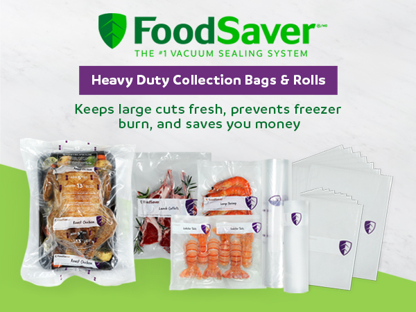 Various vacuum-sealed food bags with meats and seafood