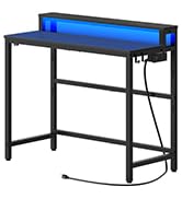 YATINEY Small Computer Desk with Charging Station and LED Lights, Gaming Desk with Monitor Stand,...