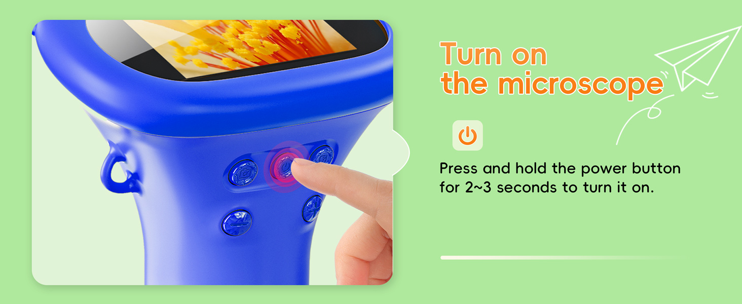 Text reads 'Turn on the microscope' with 'Press and hold the power button for 2-3 seconds to turn it on.' Instructions shown on blue-bordered panels with power button illustration.