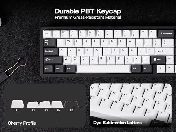 Mechanical keyboard with durable PBT keycaps. Features grease-resistant material, Cherry profile, and dye sublimation letters. Includes close-up of keycaps and profile comparison chart.