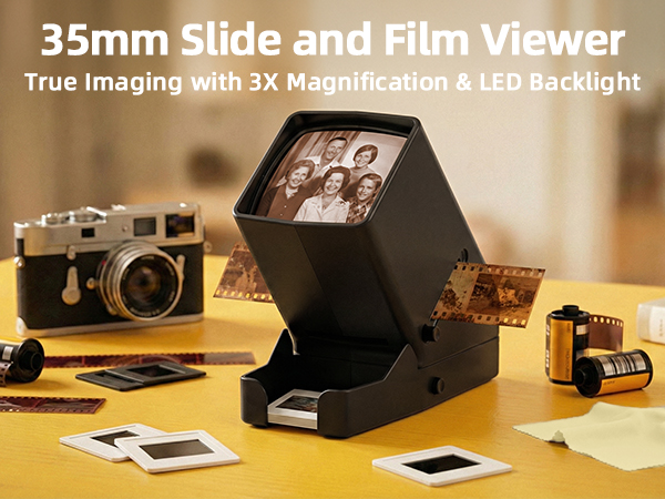 35mm slide and film viewer with 3x magnification and LED lighting for clear viewing.