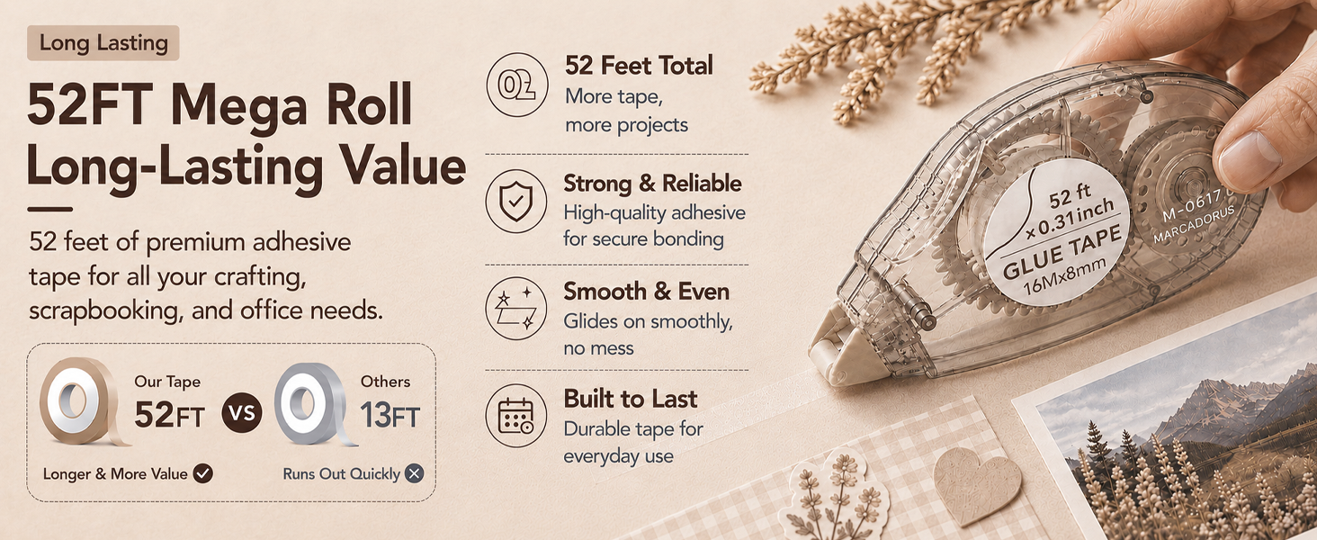 52 ft glue roller laying clean adhesive lines on scrapbook pages, journals and handmade cards
