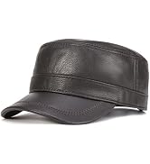 VOBOOM Leather Cadet Army Cap Adjustable Flat Top Military Style Hat for Men