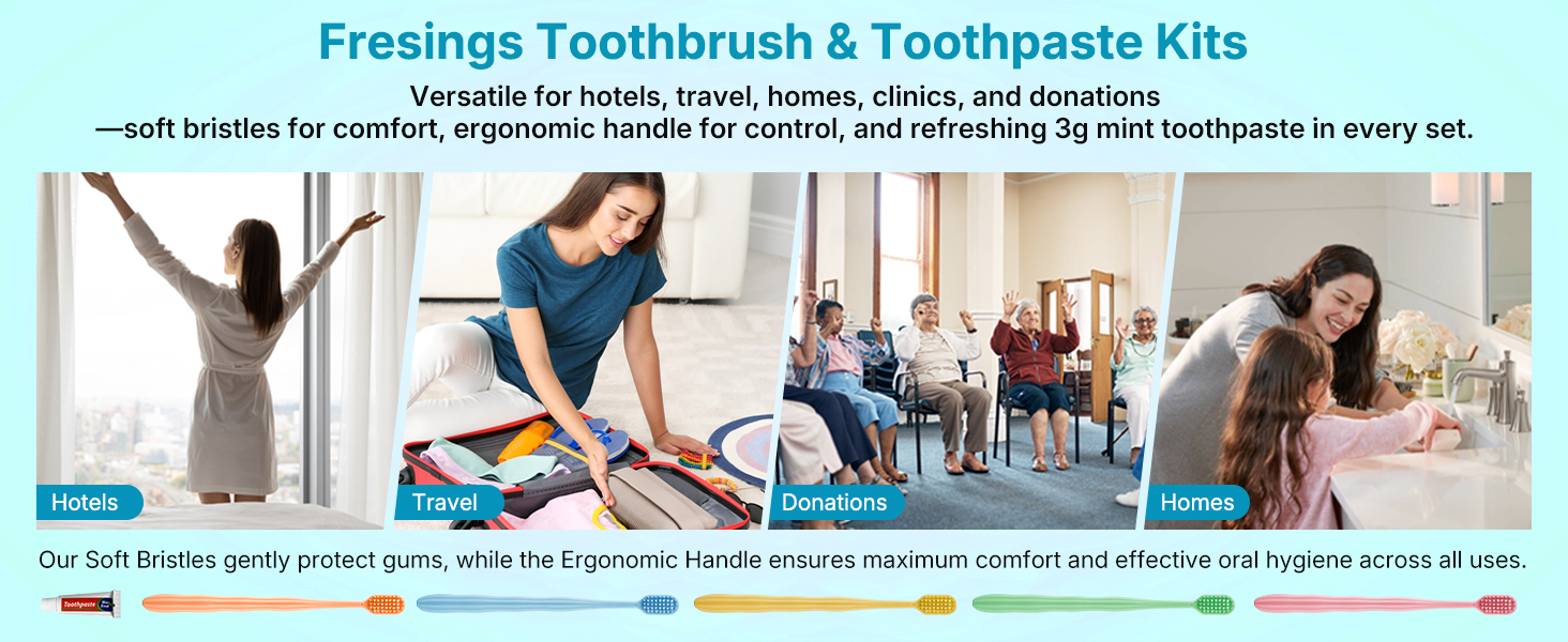 Toothbrush + 3g toothpaste kits for hotels, travel, donations, homes; individually wrapped