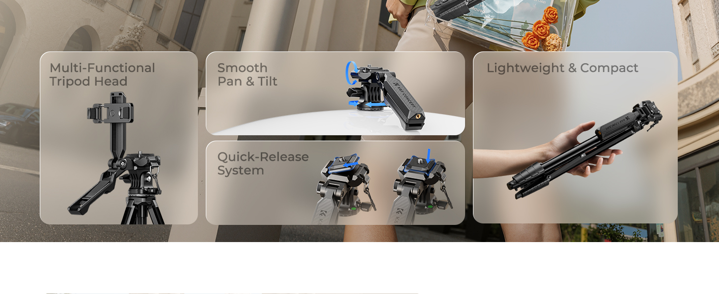 Tripod head with smooth pan & tilt. Lightweight & compact. Quick-release system for cameras.