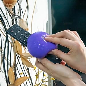 Hands holding a purple, round object and a black remote control near a window with plants visible in the background.