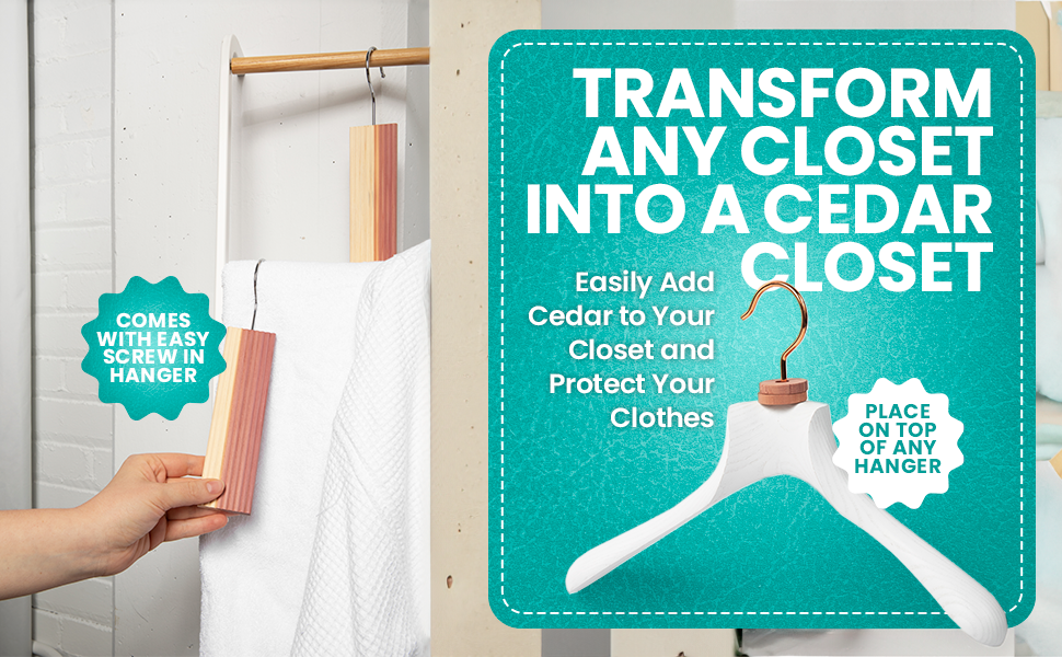 Transform any closet into a cedar closet with cedar Hangups and cedar rings