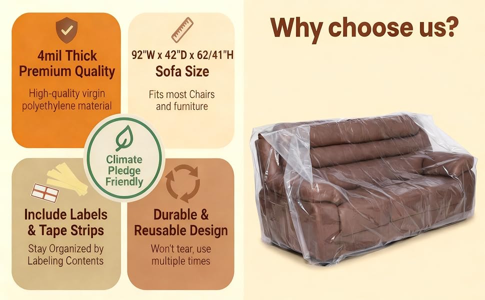 4mil thick heavy duty sofa moving bag 92 inch plastic furniture cover with labels and tape strips