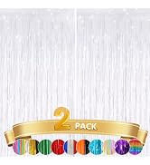 2 Pack White Metallic Tinsel Foil Fringe Curtains, Door Streamers Photo Booth Backdrop for Birthd...