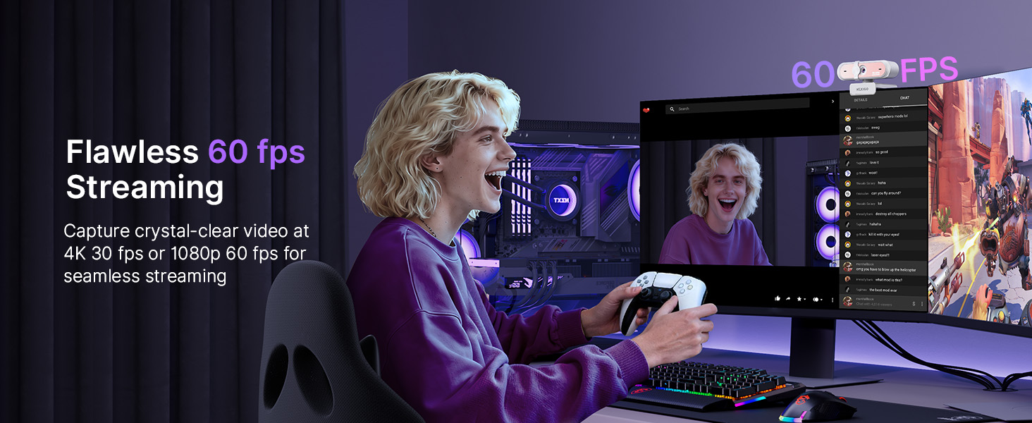 A gaming streamer uses this 60FPS webcam for smooth, stable streaming.
