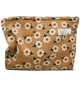 HAPPYHEIDI Women Floral Corduroy Canvas Travel Makeup Bag Cosmetic Pouch Purse Organizer, Khaki