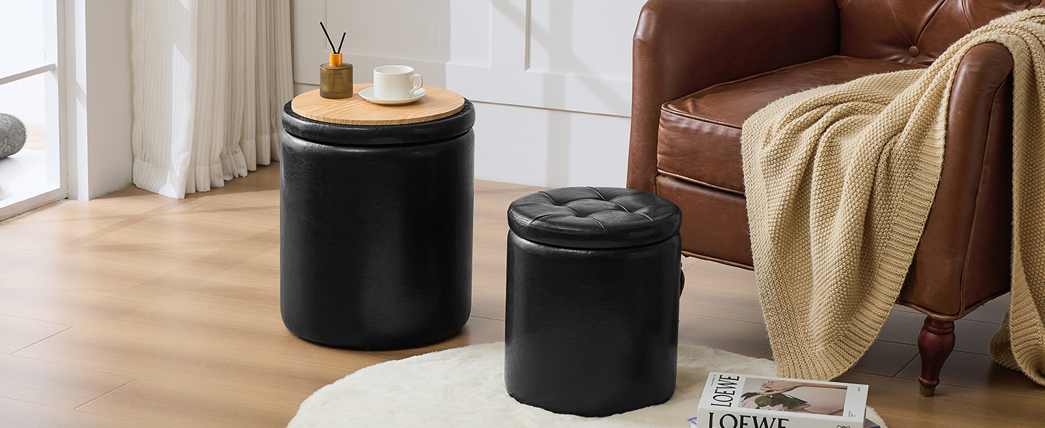 oakvivo Round Ottoman Foot Stool with Storage Set of 2, Storage Ottoman, Faux Leather Footstool