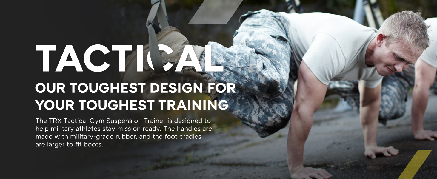 People performing a whole-body workout routine. Text reads: Tactical Suspension Trainer.