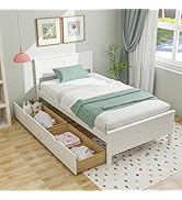 Giantex Wood Twin Bed with 2 Storage Drawers, Solid Wood Platform Bed with Headboard, Wooden Slat...