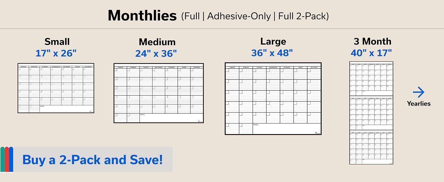 OfficeAid monthly dry erase wall calendars shown in small, medium, large, and 3-month sizes