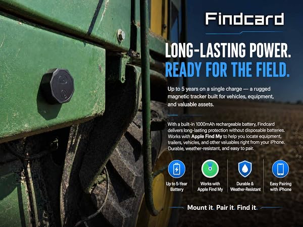 Findcard magnetic tracker attached to green farm equipment for locating vehicles