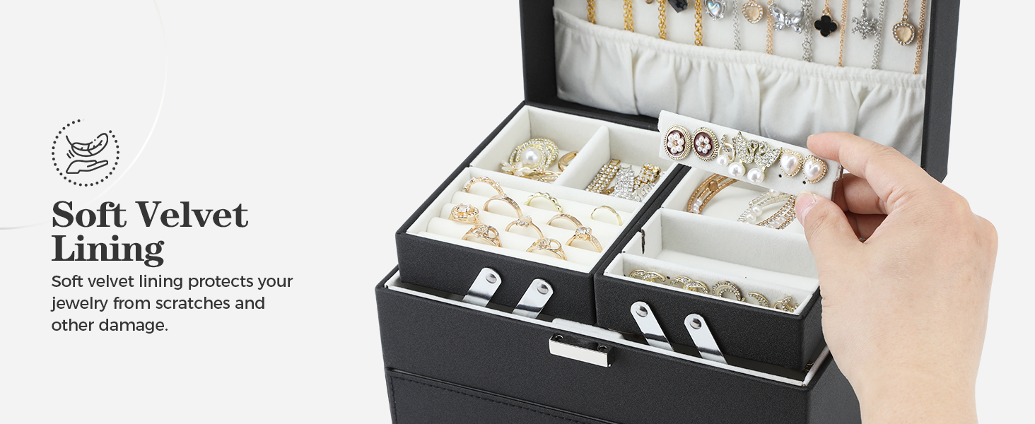 Anti-tarnish velvet lining jewelry box, soft scratch-resistant interior for rings and watches