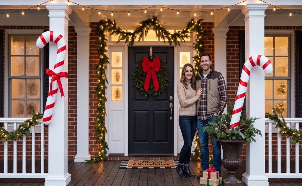 Couple on Christmas porch with inflatable candy cane balloons, wreath, lights and gifts