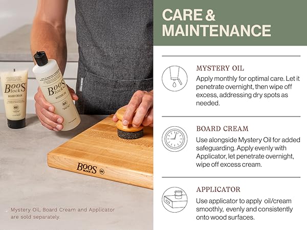 Guy holding an applicator, mystery oil w/ board cream on the side. Text reads: Care & maintenance.