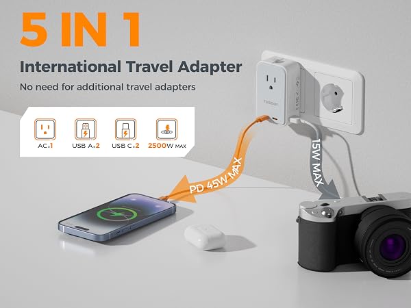 can charge 5 devices simultaneously, wall plug with USB ports suitable
