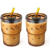 Cafezi 13 oz Glass Tumbler with Glass Straw and Lid, Leak-Proof Reusable Travel Cup for Iced Coff...