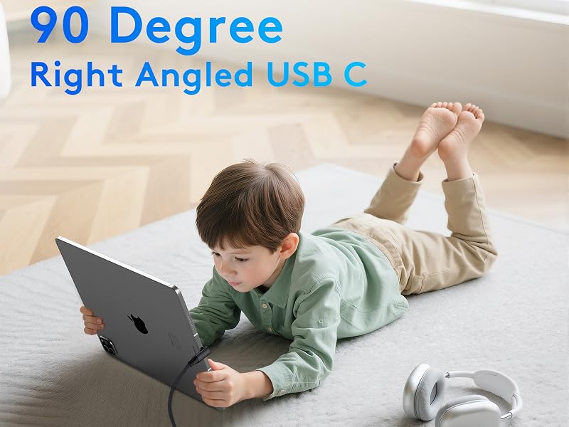 Text reads '90 Degree Right Angled USB C'. Series of photos showing someone lying on carpet using device with right-angled USB cable connection.