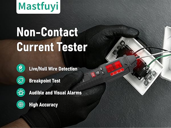 Text reads 'Mastfuyi' and 'Non-Contact Current Tester' with features: 'LiveWire Detection', 'Breakpoint Test', 'Audible and Visual Alarms', 'High Accuracy'. Red and black electrical testing device displayed.