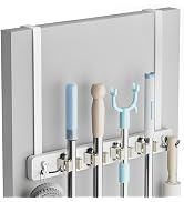 Lorbro Broom Holder Door Mount, Over the Door Broom and Mop Holder with 2 Over Door Hooks, Wood B...