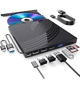 External CD/DVD Drive for Laptop, Ultra Slim CD Burner USB 3.0 Hub with 4 USB Ports, 2 TF/SD Card...