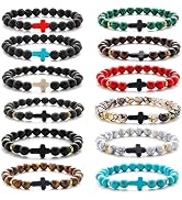 MOZAKA 12Pcs 8MM Cross Beads Bracelet for Men Women Lava Rock Tiger Eye Stone Howlite Stone Stret...