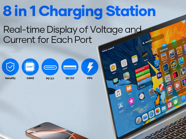 Text reads '8 in 1 Charging Station' and 'Real-time Display of Voltage and Current for Each Port'. Digital display showing multiple charging ports and status indicators.