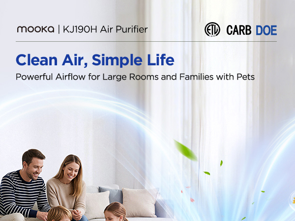 White MOOKA KJ190H air purifier for large room, for families with kids and pets