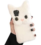 SGVAHY Furry Case for iPhone 15 Cute Cat White Fur Fluffy Soft Warm Plush Fuzzy with Bling Glitte...