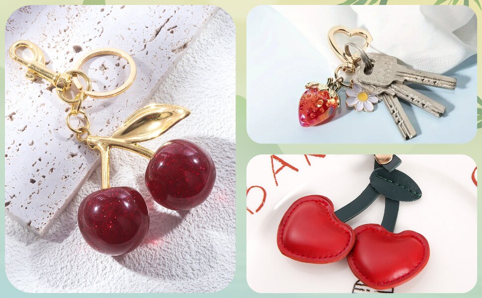 Glitter Cherry Bag Charm with Key Ring and Clip Sparkling Resin Metal Accessory for Purses Bags