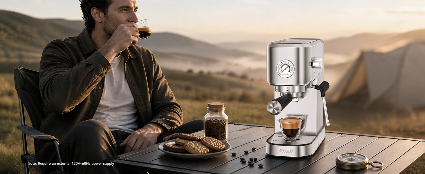 espresso machine RV camping outdoor coffee requires 120V power supply